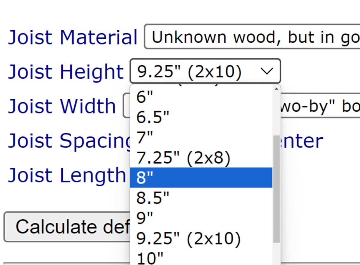 entering the joist height measurement into the calculator