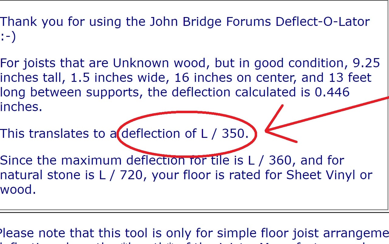 This floor joist deflection calculation does not meet minimum tile industry standards