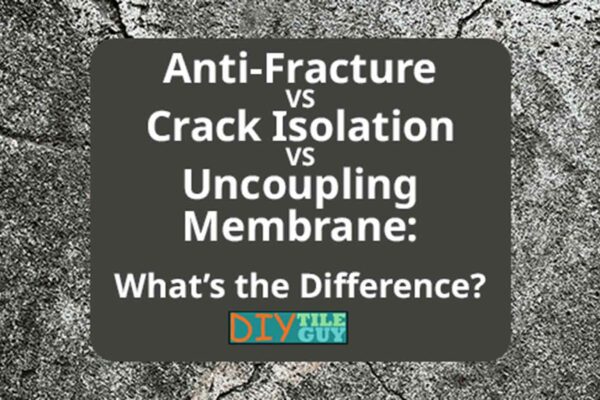 anti-fracture vs crack isolation vs uncoupling membranes. Lettering is superimposed over concrete with a crack going through it