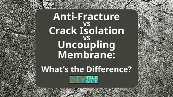 anti-fracture vs crack isolation vs uncoupling membranes. Lettering is superimposed over concrete with a crack going through it