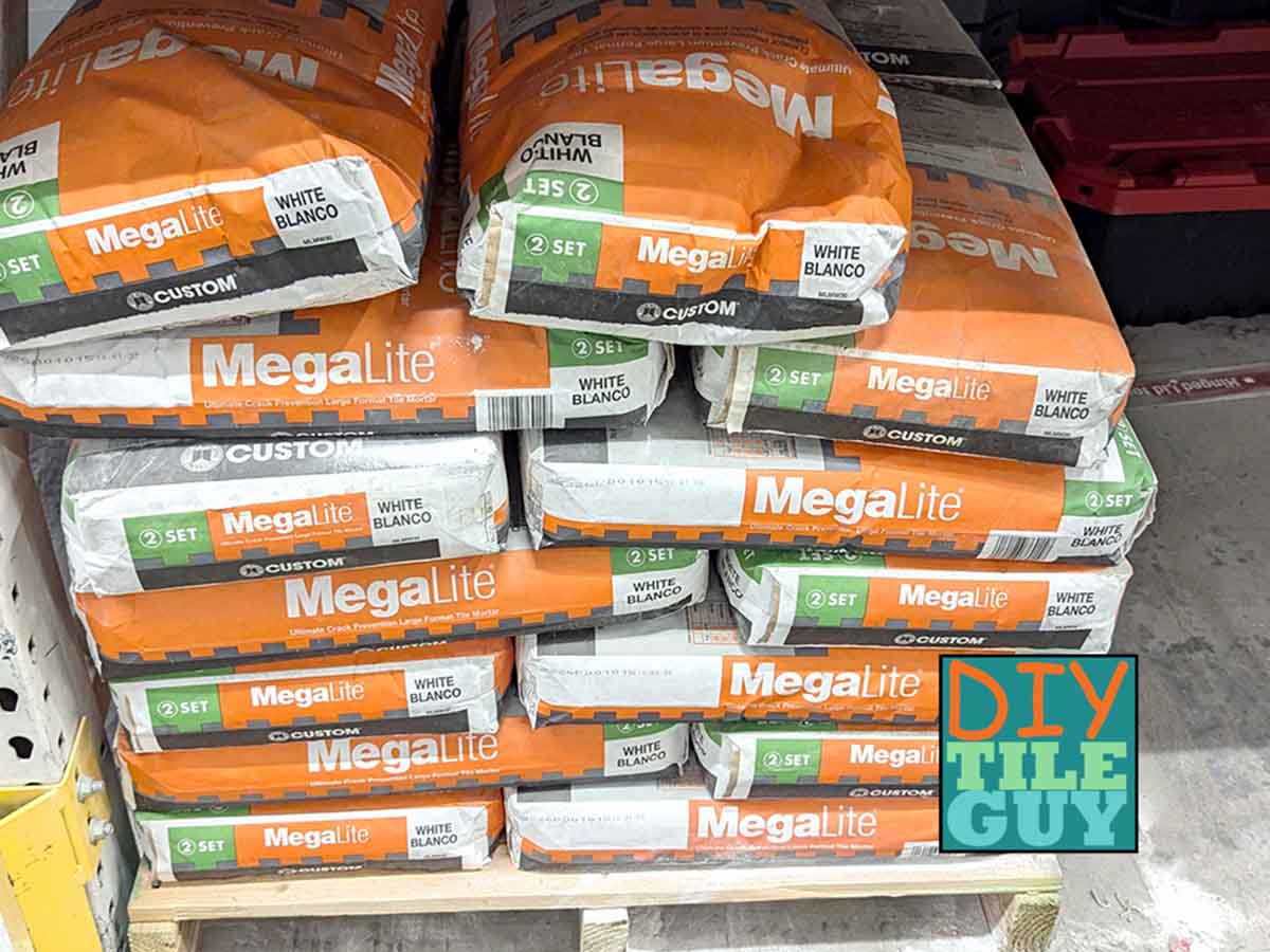 MegaLite mortar stacked on a pallet inside Home Depot