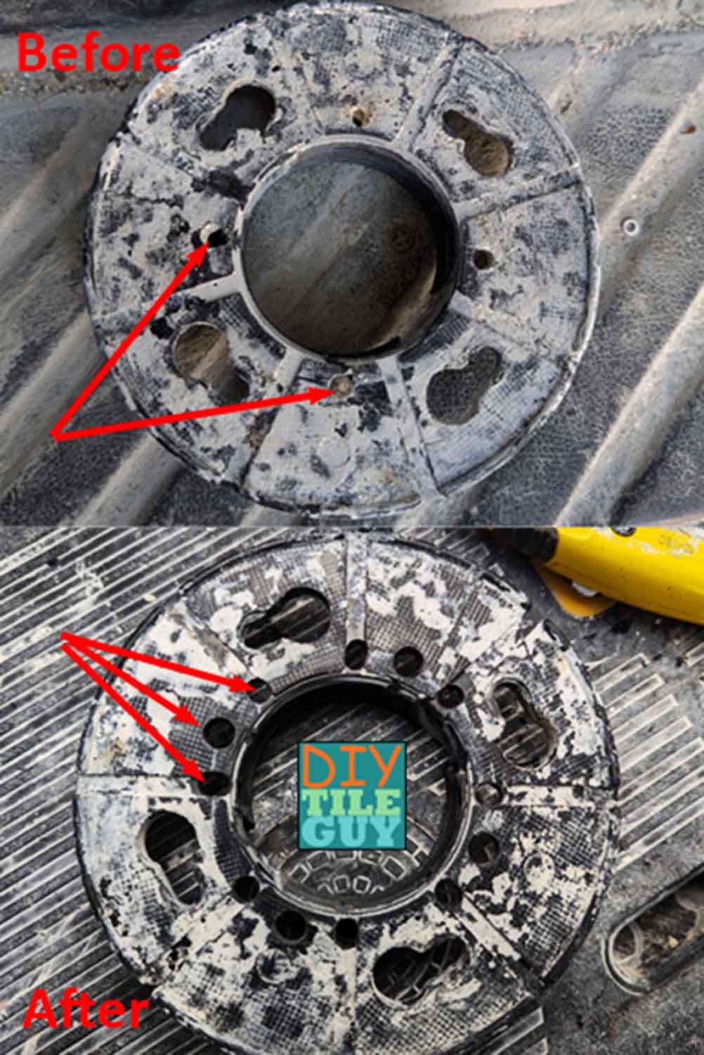 clamping collar part of drain before and after weep hole modifications