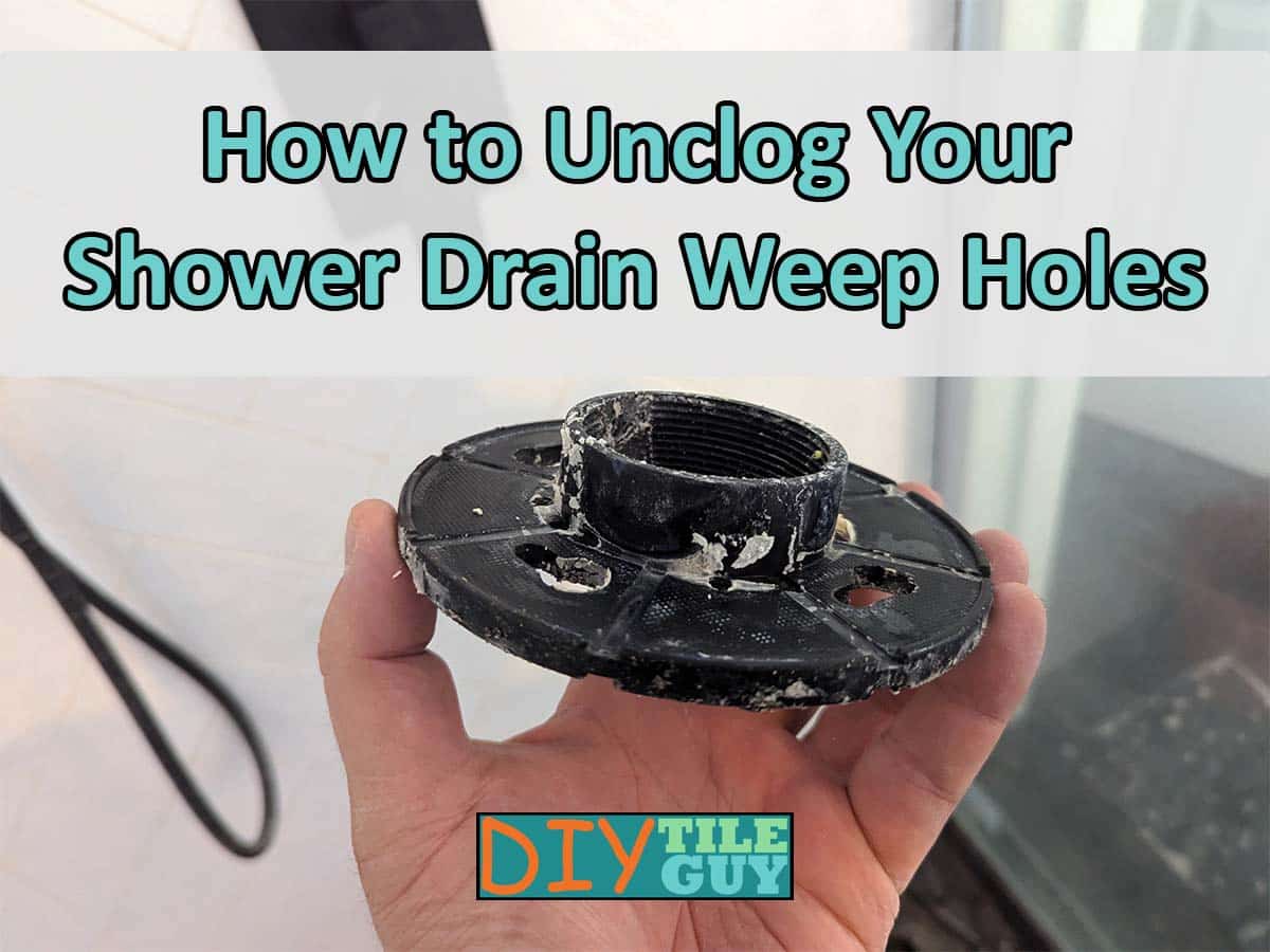 Holding up a clamping collar from a 3 piece shower drain with the text saying How to unclog your shower drain weep holes